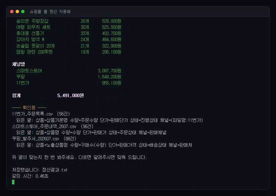 파일 3개의 열 이름이 서로 다른데도 상품·수량·단가·상태 열을 각각 자동으로 찾아낸 화면
